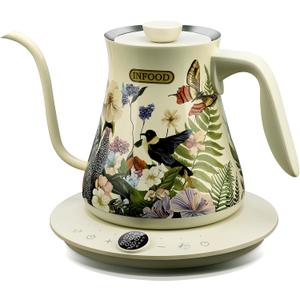 INFOOD 0.8L Gooseneck Electric Kettle, Precise Temperature Control for Pour Over Coffee & Tea, 1200W Fast Boiling Water, Auto Shut Off, Scheduling, Stainless Steel, Floral Painted Design