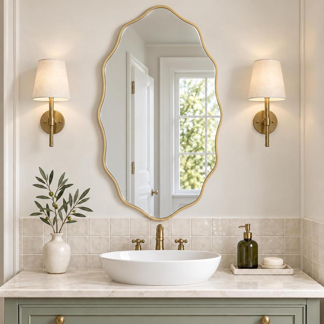 Gold Scalloped Mirror, 30''L×18''W Oval Wavy Wood Framed Mirror for Wall Decor, Hanging Leaning for Bathroom, Nursery, Entryway, Vanity, Living Room