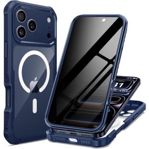 Seacosmo for iPhone 17 Pro Case, Full Body Bumper with Built-in Tempered Glass Privacy Screen Protector and Camera Lens Protection, Compatible with MagSafe, Shockproof Phone Case, 6.9", Deep Blue