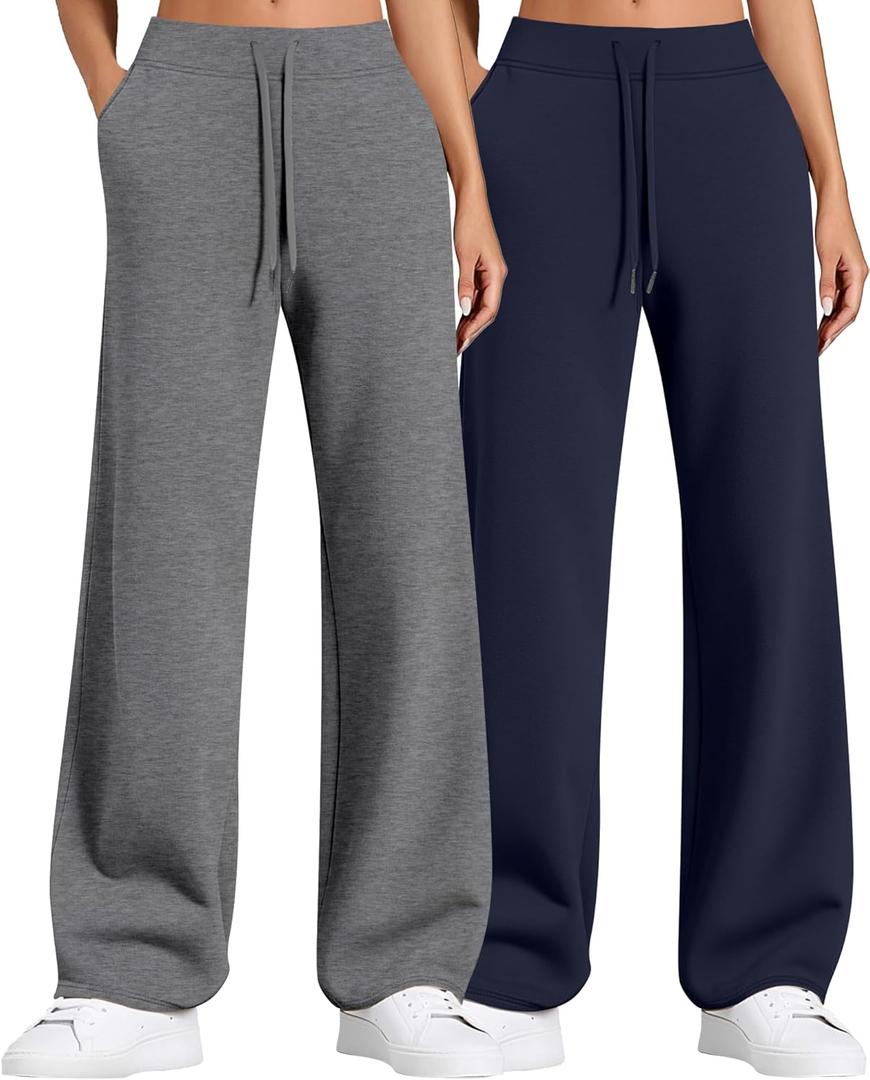 2 Pack Women Sweatpants Drawstring Waist Loose Yoga Baggy Joggers Casual Wide Leg Pants with Pockets (Small, Navy Blue, Dark Gray)