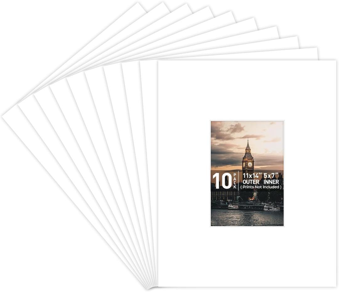 Golden State Art, 10 Pack Acid Free 11X14 White Picture Frame Mats with White Core Bevel Cut for 5X7 Photos, Pictures, Prints