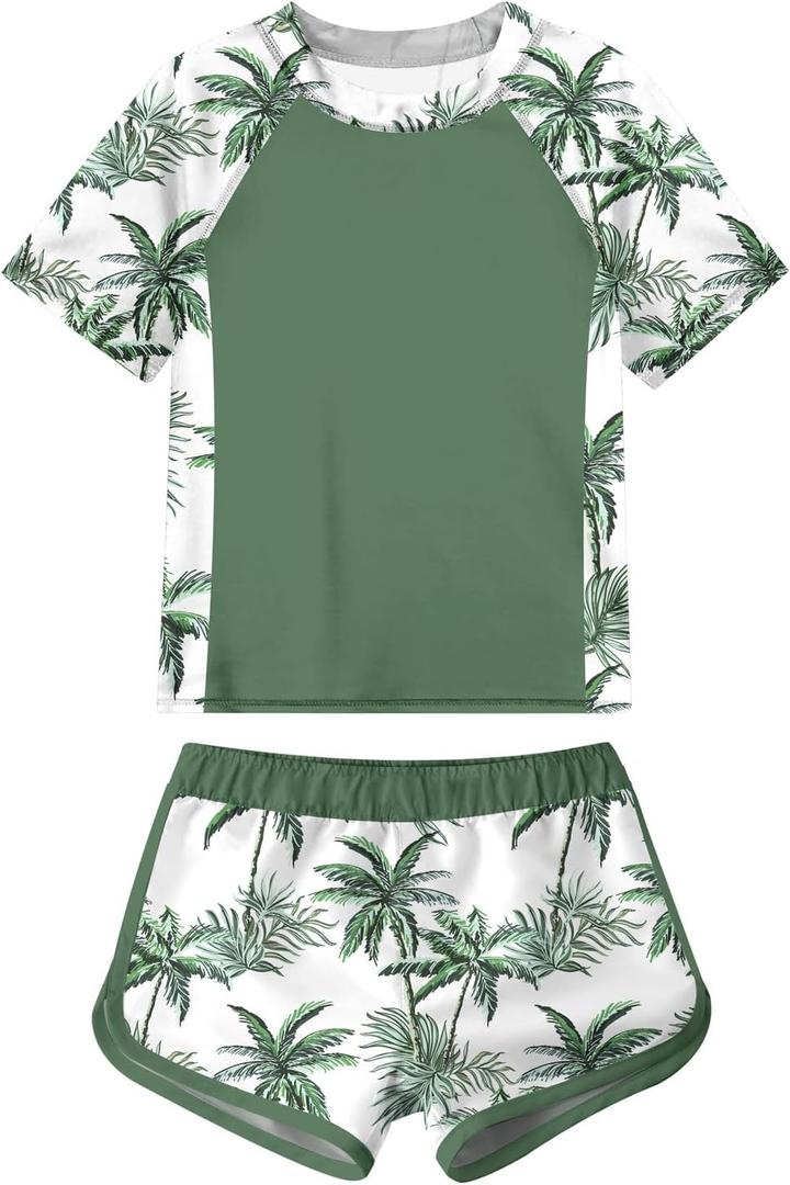 ADUKIDE Girls Rash Guard Swimsuit 2-Piece Bathing Suit UPF 50+ Summer Beach Swimwear (13T, Green Coconut Tree)