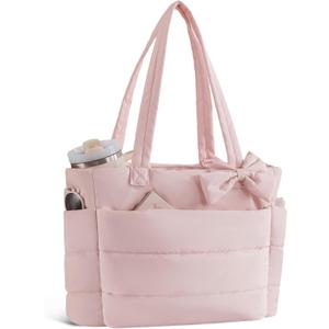 Puffer Tote Bag for Women, Quilted Bow Tote Bag with Cup Holder & 15.6 In Laptop Compartment for Work, Travel, Gym, College