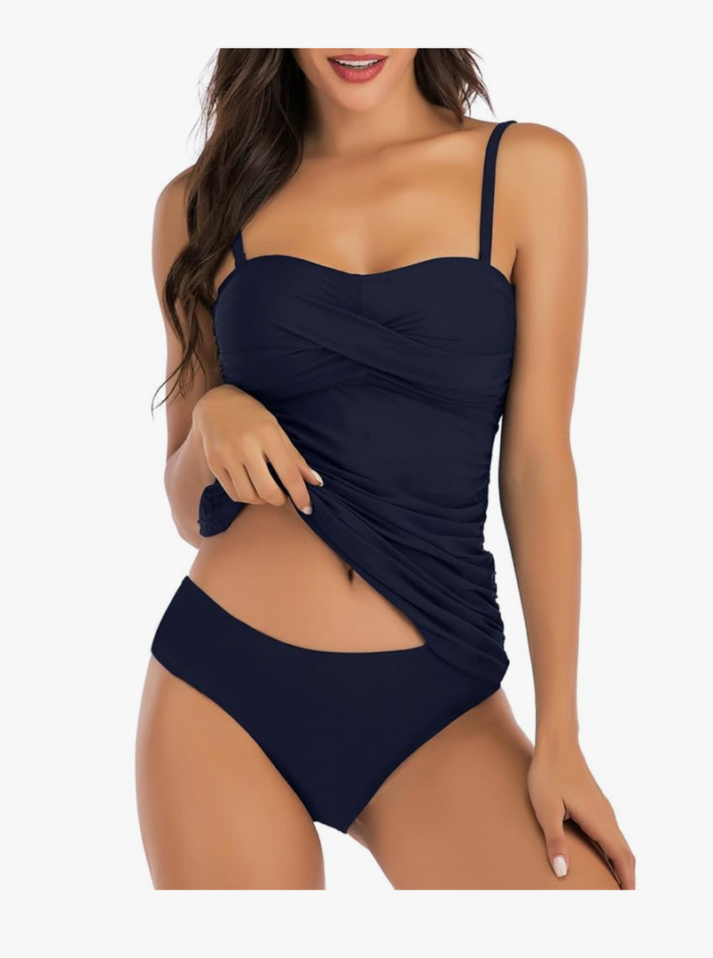 Women's Twist Front Bandeau Tankini Set Two Pieces Ruched Tummy Control Suimsuit with Mid Waist Briefs XL