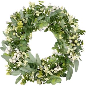 Vlorart Artificial Spring Summer Christmas Greenery Wreaths for Front Door Green Eucalyptus Leaf Wreath Decor Boxwood with Big Berries for Farmhouse Outside Year Round (18'')
