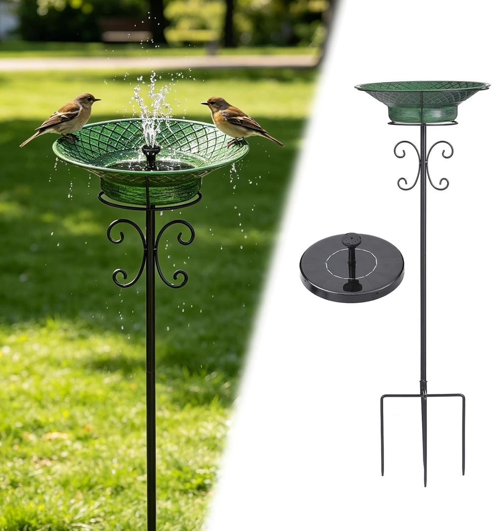 Bird Bath for Outside with Solar Fountain, 37" H Bird Baths with Stable Stake, Standing Bird Bath, Adjustable Height, Hummingbird Fountain for Garden Patio Yard Lawn Decor, Green