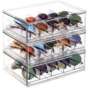 LALOBLUE Clear Acrylic Sunglasses Organizer, Stackable Eyewear Storage with Gold Handles, Display Box for Closet or Vanity