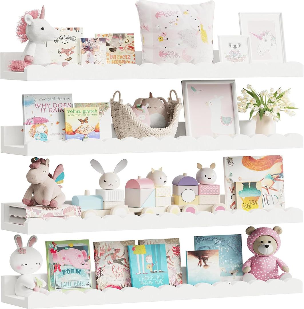 Yirilan 4-Pack 23.5IN Scalloped Shelves, Nursery Shelves for Wall, Floating Nursery Book Shelves for Kids, White, 4 Pack - 23.50 in