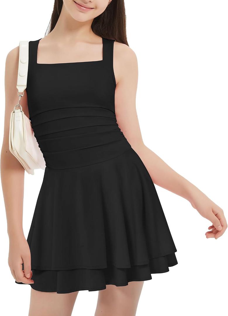 EXARUS Girls Dress Summer Teen Vacation Sundress Casual Beach Dance Party | Tween Spaghetti Strap Sleeveless Mini Dresses Square Neck Ruffle Hem Flowy Ruched Homecoming Back to School 10Y (Black)