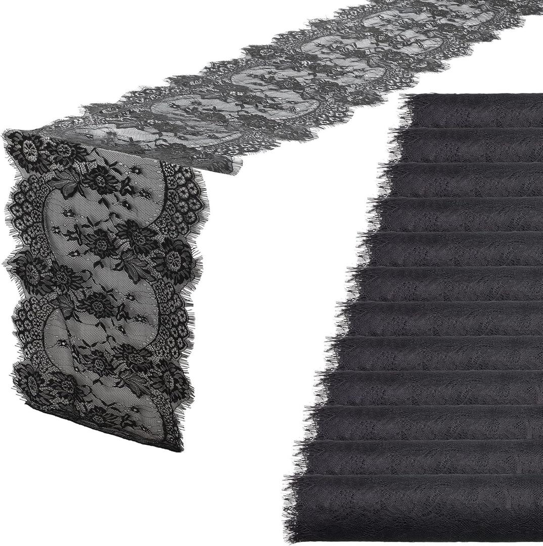 Chumia 12 Pcs Black Lace Table Runners 14 x 120 Inch Rustic Wedding Table Runner Decor Vintage Romantic Black Lace Tablecloth Party Decor for Halloween Engagement Hotel Home(Classic)