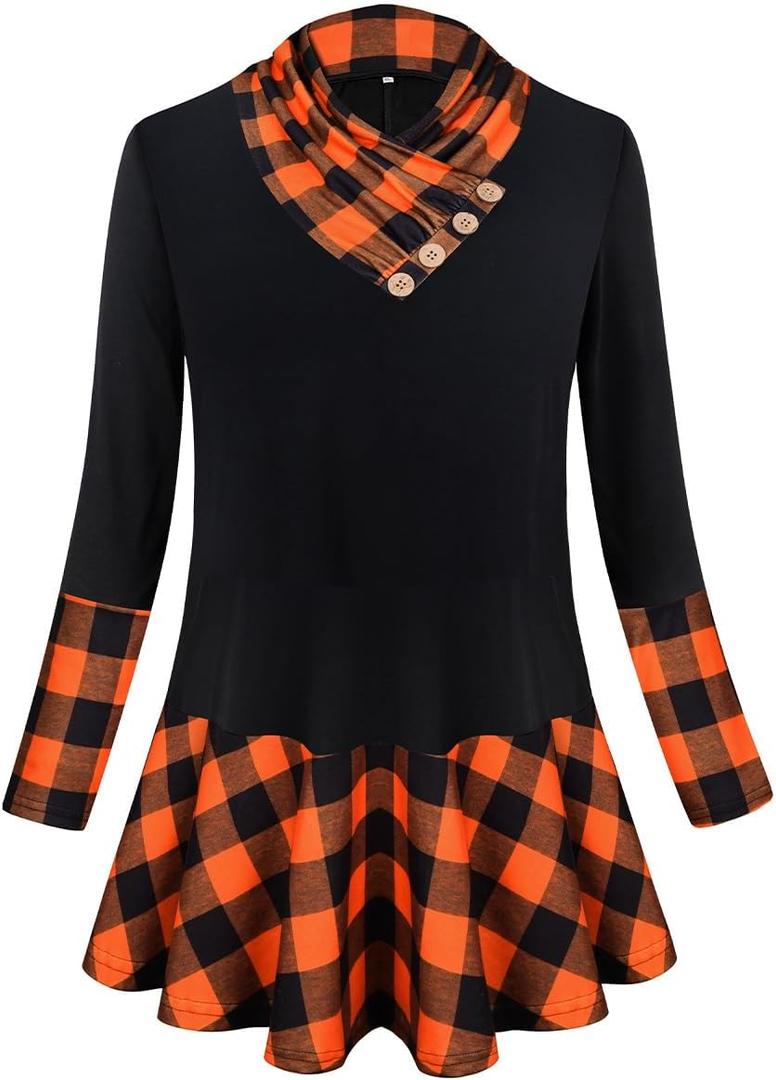 RITERA Plus Size Tunic for Women Long Sleeve Casual Shirts Cowl Neck Flowy Dress Tops Oversized Blouse XL-5XL 14W-28W (XX-Large Plus, A2-1-orange Plaid)