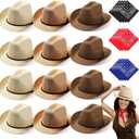 SATINIOR 12 Set Straw Cowboy Hats & Bandanas - Cowboy Party Hat Costume with Head Bandana (Beige,khaki,brown)