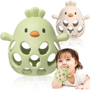 2 Pack Baby Teething Toys Soft Silicone, Baby Teethers for Babies 3-6 Months BPA Free, Anti-Drop Teething Mitten, 100% Food-Grade Silicone, Baby Chew Toys for Sucking Needs (Green & Beige)