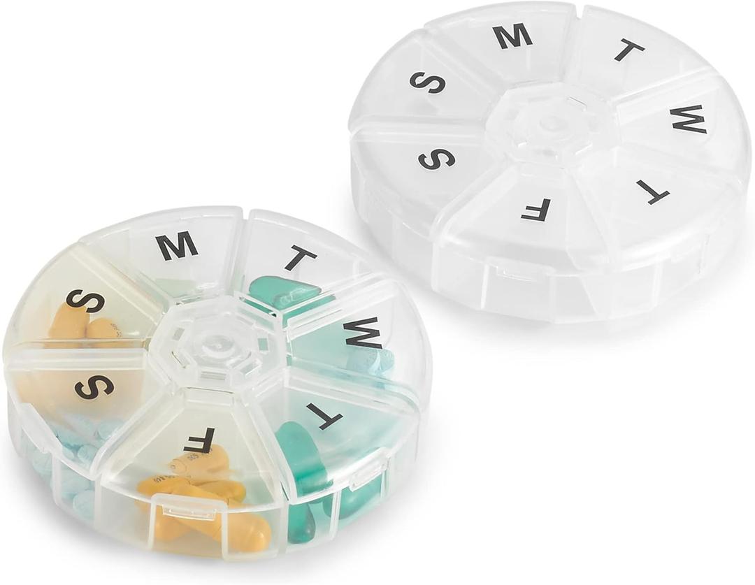 Weekly Pill Organizer - (Pack of 2) 7 Day Pills Container, Round Medicine Organizer Box, Daily Week Pill Reminder Case Travel Friendly, BPA-Free Vitamin, Supplement, Fish Oil, Medication Planner (2 Count (Pack of 1), Clear Round)