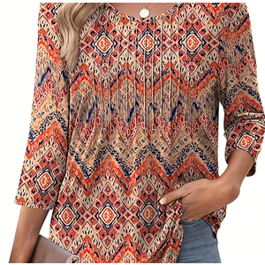 WIHOLL 3/4 Length Sleeve Womens Tops Dressy Casual Summer Round Neck Loose Fit Curved Hem Tunic Tops to Wear with Legging Trendy Boho Floral S