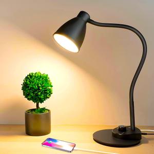BOHON LED Desk Lamp with USB Charging Port, 3 Color Modes Fully Dimmable Reading Lamp, Auto Dimming Task Lamp, Flexible Neck Table Light for Office Dorm Bedside, Adapter Include, Black