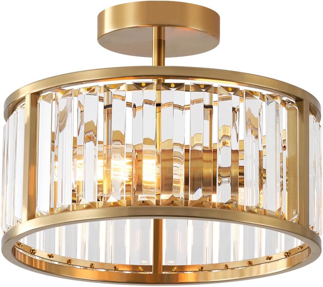 Brass Gold Flush Mount Ceiling Light, 2- Light Caged Crystal Chandelier, Small Drum Hallway Light fixtures Ceiling Mount (Brass Gold)