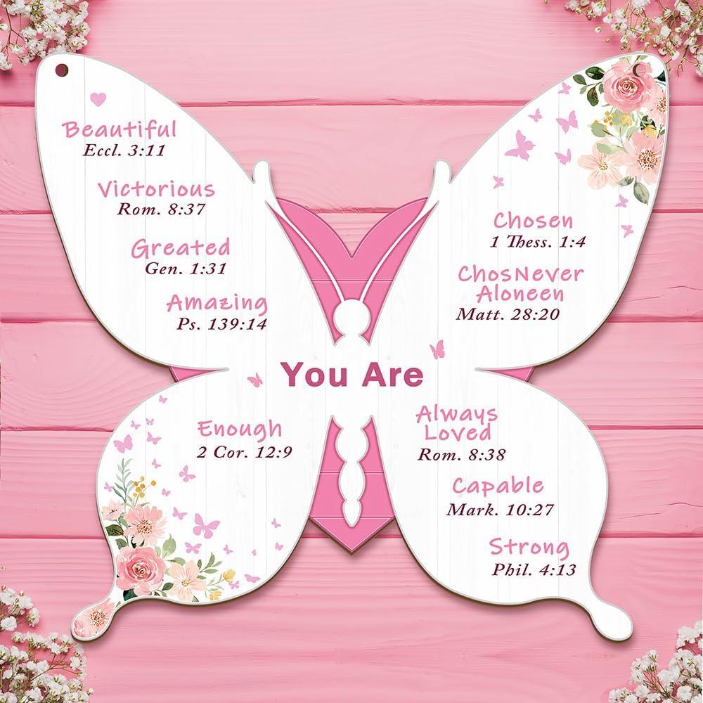 Pink Butterfly Inspirational Wall Art with 12 Uplifting Bible Verses - Encouraging Christian Decor for Girls' Rooms, Teens & Women | Affirming Scripture Present, Motivational Bedroom & Dorm Accent