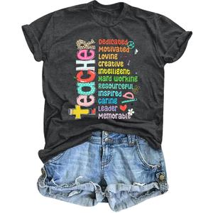 Women Preschool Teacher Shirt Preschool Crew Tshirt Rainbow Leopard Graphic Short Sleeve Tee Tops (Small)