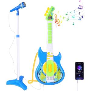 deAO Guitar and Microphone Set for Kids, Adjustable Height Microphone with Stand 8 Music Cord Keys Songs String Bar Colorful Light, Karaoke Toys Pretend Play Guitar Gift for Boy Girls Toddlers, (Blue)