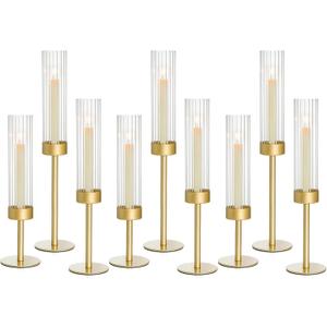 Gold Candle Holders Set of 9, Hurricane Brass Candlestick Holders for Taper Candles, Tall Candle Sticks Holder for Table Decor, Wedding, Party & Home Decorations