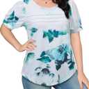 Womens Summer Short Sleeve Tops Pleated Shirts Crewneck Outfit Puff Sleeve Blouses Casual Tunic Blue Flower (Blue, XL)