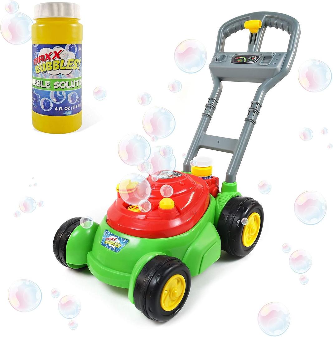 Maxx Bubbles Bubble-N-Go Mower, Includes 4oz Bubble Solution, Bubble Lawn Mower for Toddlers, Outdoor Bubble Toy for Kids, No Batteries Required, Red, Large