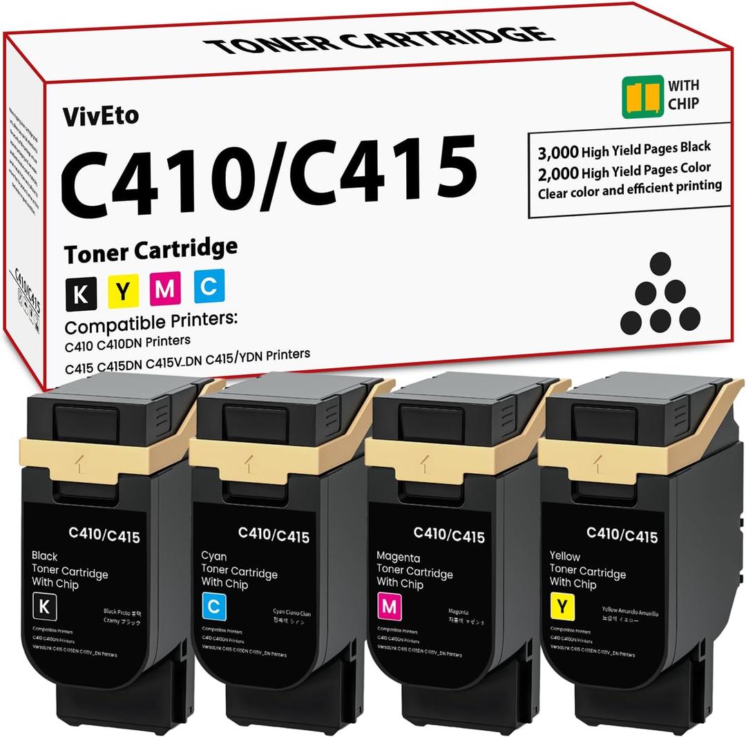 C410 C415 Toner Cartridges (with New Chip) Replacement for Xerox C410 Toner Cartridge 006R04677 006R04678 006R04679 006R04680 for C410 C415 C415DN Printers, 4-Pack VersaLink C415 High Yield Cartridge