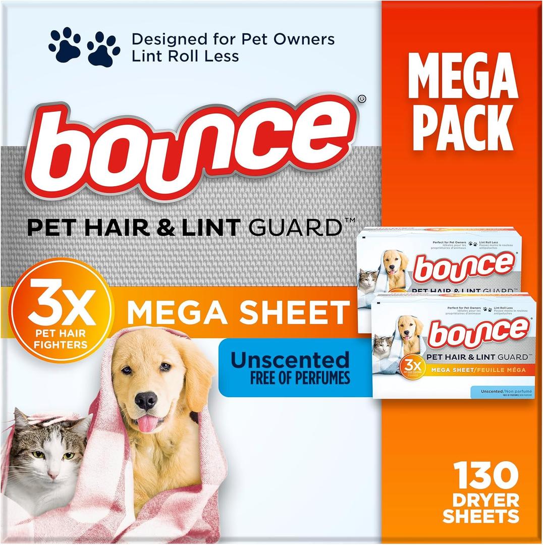 Bounce Pet Hair and Lint Guard Mega Dryer Sheets with 3X Pet Hair Fighters, Unscented, 130 Count