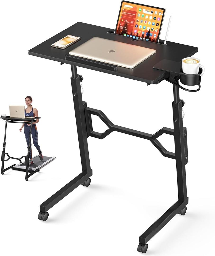 Small Standing Desk with Wheels, Portable Treadmill Desk, Rolling Desk Adjustable Height for Laptop, Mobile Standing Table for Walking Pad, Bedside Table (Black)