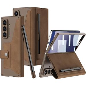 DEMCERT for Samsung Galaxy Z Fold 7 Case with [ Pen ], Armor Full Body Protective [Removable Pen Slot], Anti-Scratch Hard Slim Leather Bracket Case with Screen Protector (Brown)