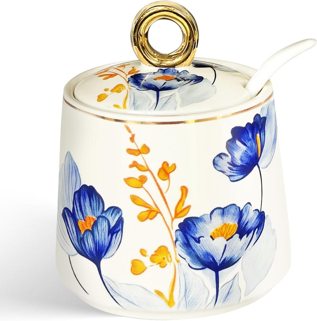 JUSONEY Ceramic Sugar Bowl with Lid and Spoon with Floral Pattern, Gold Trim  7.5oz Elegant Sugar Jar with Lid and Spoon, Nordic Style for Kitchen, Dining, Cafe, Gift Idea (C)