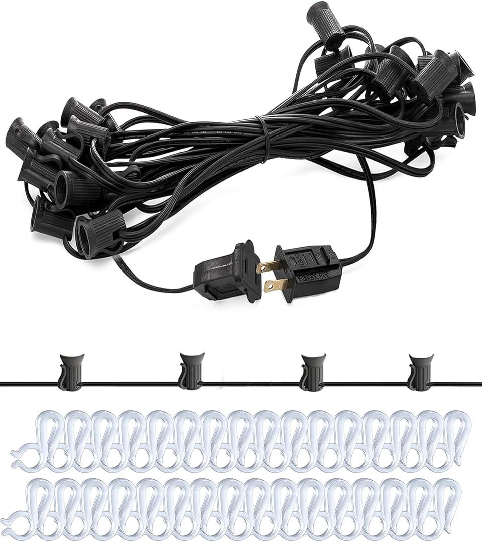 25Ft Light String Set with 25 #10 Plastic Clips, C7 Outdoor String Light Stringer, E12 Sockets 12" Spacing, Light Strand Spool for Christmas Backyard Roofline Wedding Patio Lighting Decor, Black Wire