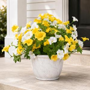 4 Pcs Artificial Petunia Flowers for Outdoors, UV Resistant Fake Flowers Morning Glory, Realistic Artificial Plants for Garden Porch Window Box Balcony Patio Yard Planter Decor (Yellow White)