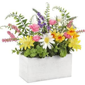 Briful Table Floral Arrangement Centerpiece, Artificial Flowers in Wooden Vase, Flower Plants Centerpieces for Tables, Farmhouse Table Decor, Living Room Dining Coffee Table Shelf Decor (White)