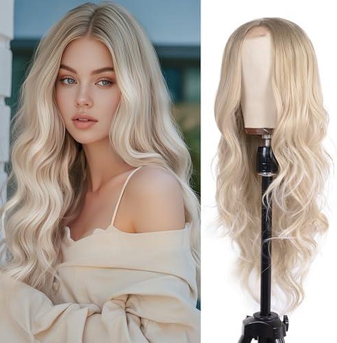 Long Ash Blonde Wig for Women 26 Inch Long Wavy wig Middle Part Natural Looking Synthetic Heat Resistant Wigs with Dark Roots Balayage Culry Wig for Cosplay Halloween Daily Use