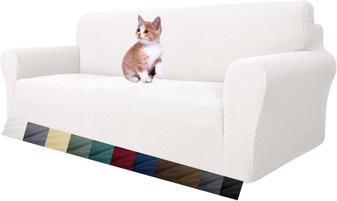 MAXIJIN Super Stretch Couch Cover for 3 Cushion Couch, 1-Piece Universal Sofa Covers Living Room Jacquard Spandex Furniture Protector Dogs Pet Friendly Fitted (Large, White)