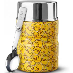 Earth&ME 17 OZ Soup Thermo for Hot & Cold Food for Kids, Vacuum Insulated Steel Lunch Container, Kids Wide Mouth Bento Thermal Food Jar, Warm Food Lunchbox Thermo Bowls with Spoon (Yellow Ducks)