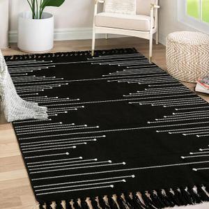 Tritard Boho Area Rug 4x6 - Woven Entryway Rugs with Tassels Farmhouse Aztec Bedroom Lightweight Throw Rugs Washable Indoor Cotton Thin Carpet for Kitchen, Bathroom, Playroom, Office, Black White