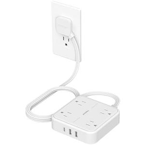 TESSAN Surge Protector Flat Extension Cord 5Ft, Flat Plug Power Strip with 4 Outlets 3 USB Ports (1 USB C), 900 Joules Protection, Multiple Wall Outlet Extender Suitable for Home Office Dorm, White