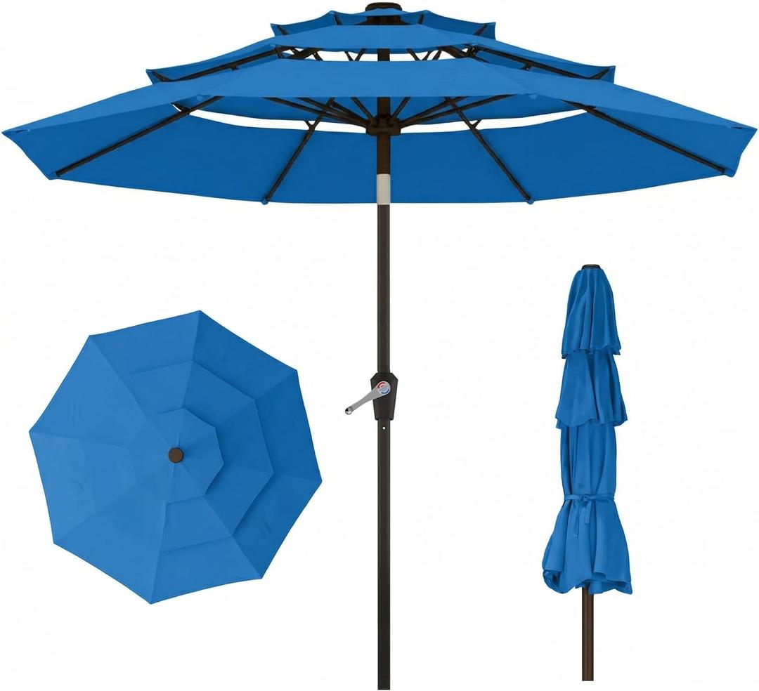 10ft 3 Tier Patio Umbrella, Outdoor Market Table Umbrella with UPF 50+ Vented Canopy, 8 Sturdy Ribs, Easy Push Button Tilt and Crank, Windproof for Deck, Pool, Backyard and Garden