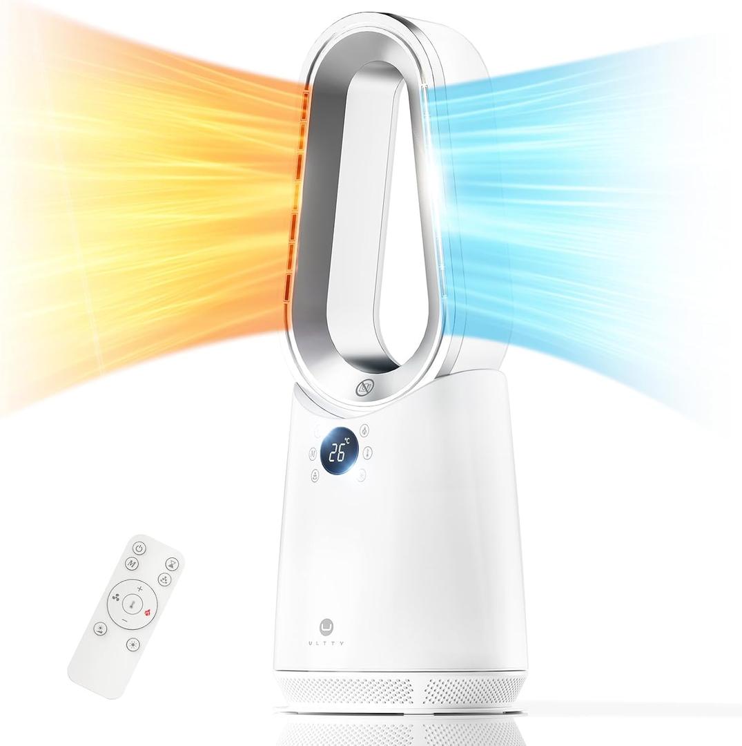 ULTTY Space Heater, Portable Electric Heaters and Cooler Fan Combo with Remote, 80Oscillation, 9 Speeds, 3 Modes, 8 Timer, 6 Colors LED Light, Fast Safety Heat and Quiet for Office Bedroom Home (White)