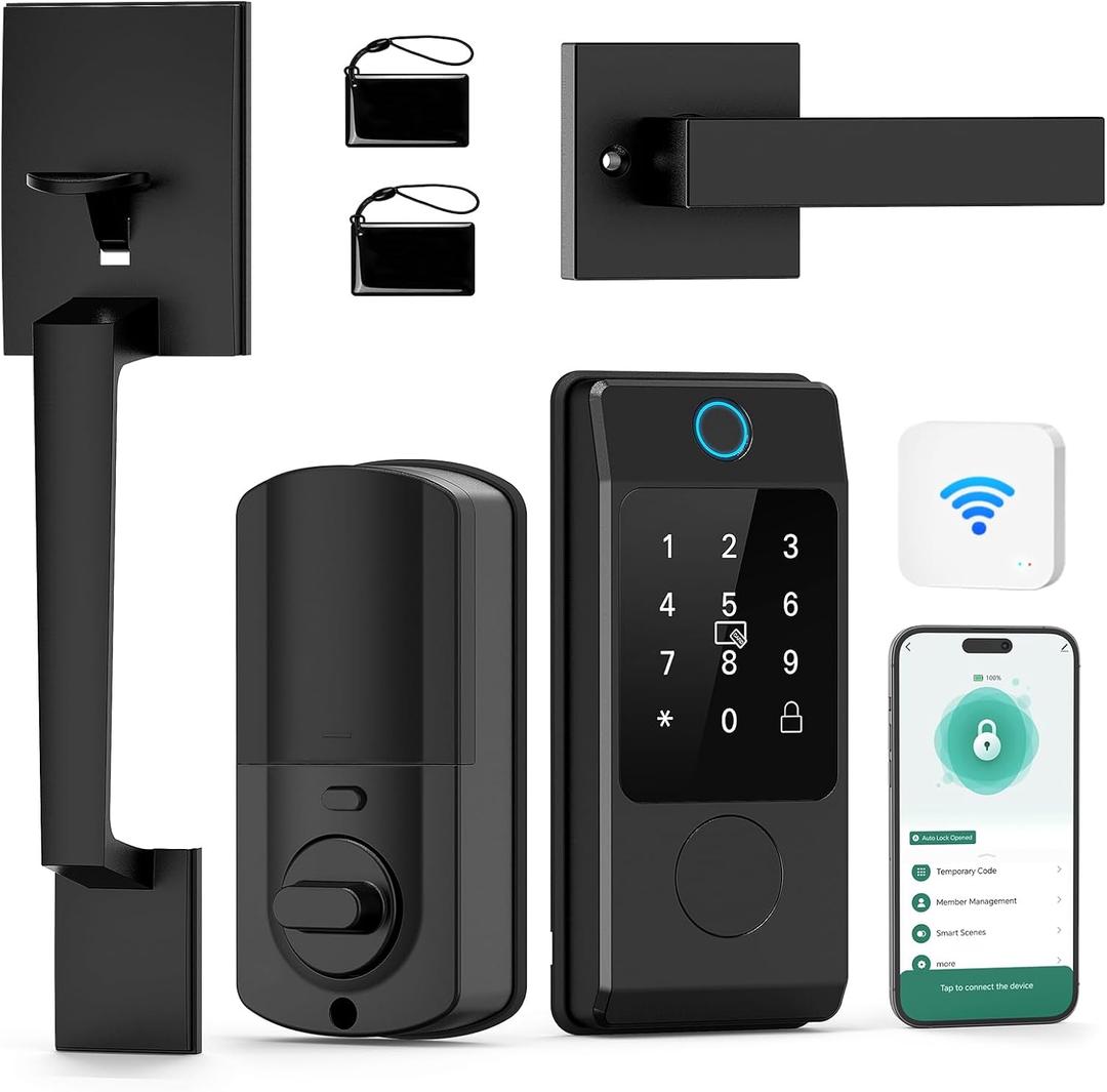 WiFi Front Door Lock Set - Miuedo Keyless Entry Door Locks Handle Set, Fingerprint Smart Alexa Keypad- Smart Deadbolt Lock with Handle Latch - WiFi Access Bluetooth APP-Black