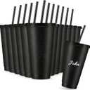 Amyhill 12 Pcs Reusable Glitter Cups with Lids and Straws 24 oz Plastic Tumbler Iced Coffee Cup Travel Mug Party Cups for Smoothie Juice Birthday Sleepover Party Supplies for Girls(Black)