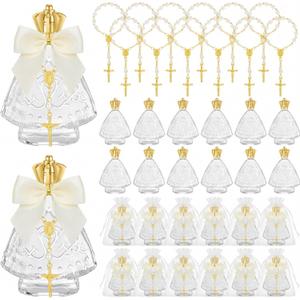 Chuangdi 48 Pcs 24 Sets Holy Water Bottles Baptism Favors for Guest Holy Water Container with Cross Rosary Organza Bag Bow 50ml Glass Empty Container for Communion Christian Wedding (Fresh,White)