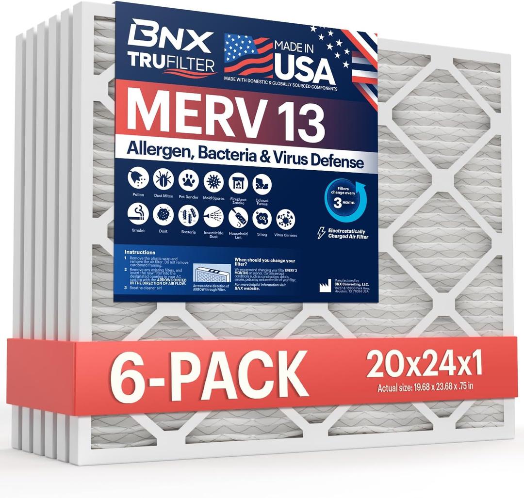 BNX TruFilter 20x24x1 Air Filter MERV 13 Smoke, Allergy, Pet Defense 6-Pack