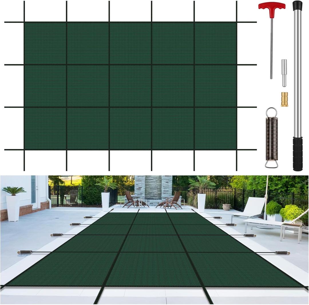 Inground Pool Cover Safety Fits 20x40ft Rectangle Swimming Pool, Mesh Solid Pool Cover for Inground Pools, Winter Pool Safety Cover Includes Safety Net and Installation Tools Green