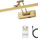 Picture Light Battery Operated Brass 15.7' Inch Long Rechargeable Wall Lights Dimmable LED Library Light with Swing Arm and Timer Function Cordless Wall Light Indoor Gold Color