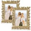 5x7 Wedding Frame Gold, 2 Pack Decorative Picture Frame with Stand for Tabletop Shelf Decor, Antique Brass Floral Photo Frame for Christmas Thanksgiving Engagement Gift
