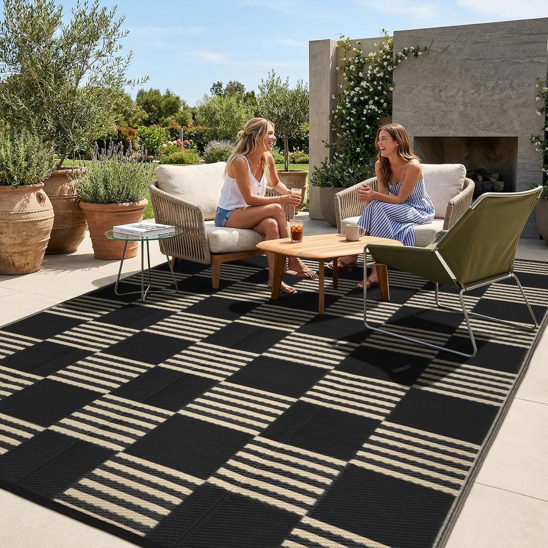 Garvee Waterproof Outdoor Rug 8x10, Checkered Foldable Plastic Straw Patio Camping Rug, Outdoor RV Carpet for Deck Camper Porch Balcony Backyard Picnic Beach Black and Brown